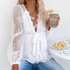 Plunge neck lace detail blouse